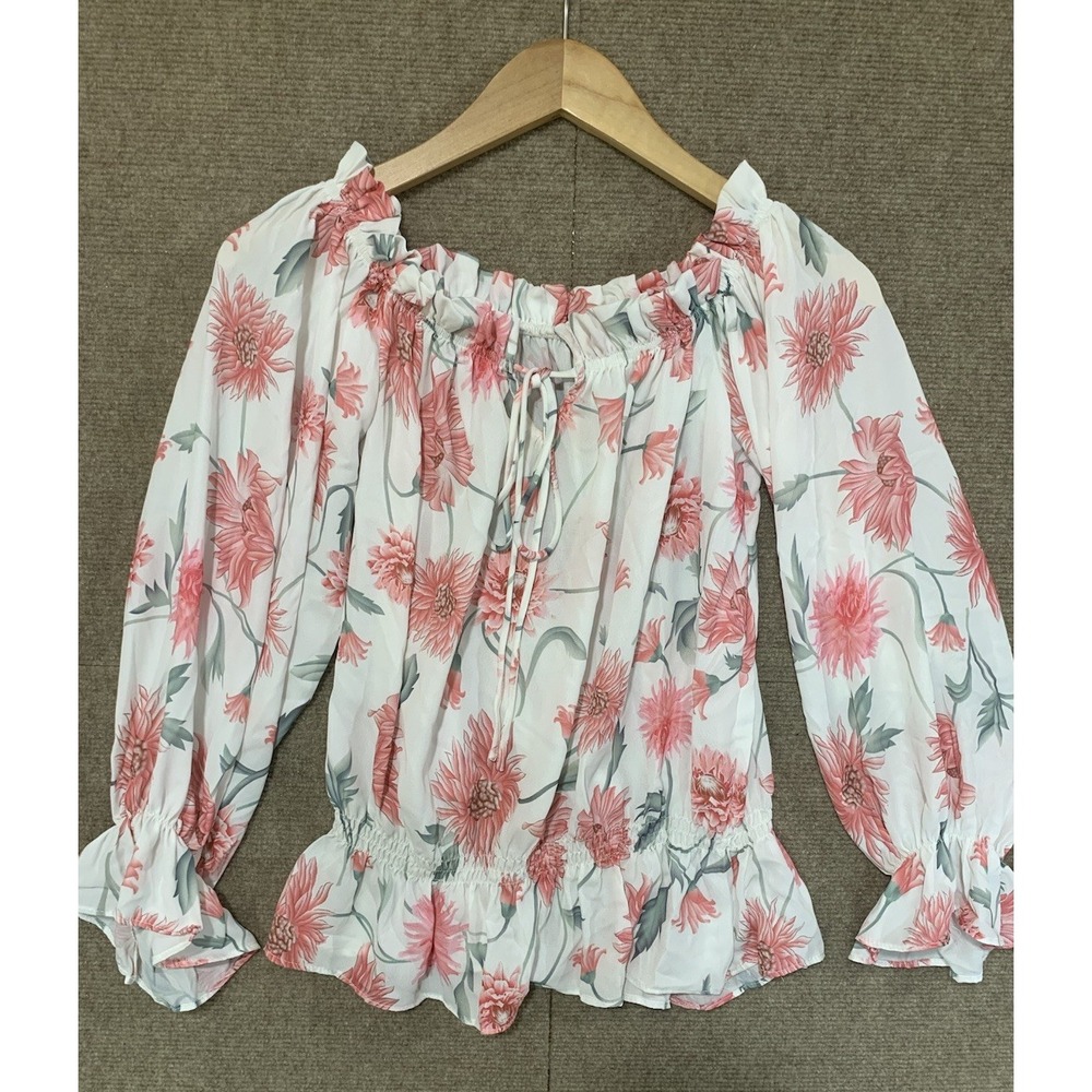 Women's Smocked Floral Blouse Soft Off Shoulder Milkmaid Cottagecore Boho Medium